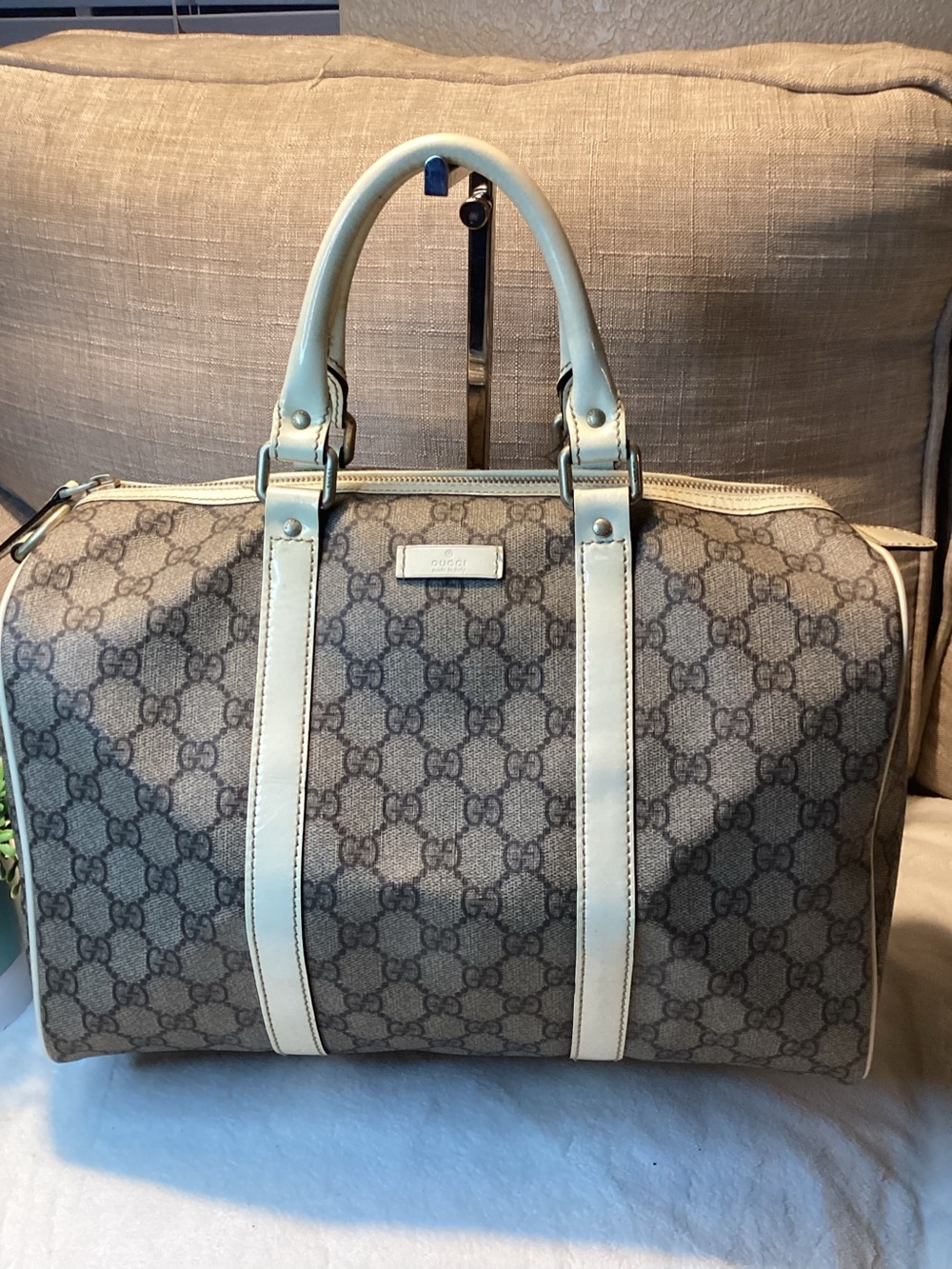 Gucci GG Supreme Beige Monogram Duffel/Boston Bag with Cream Leather Trim